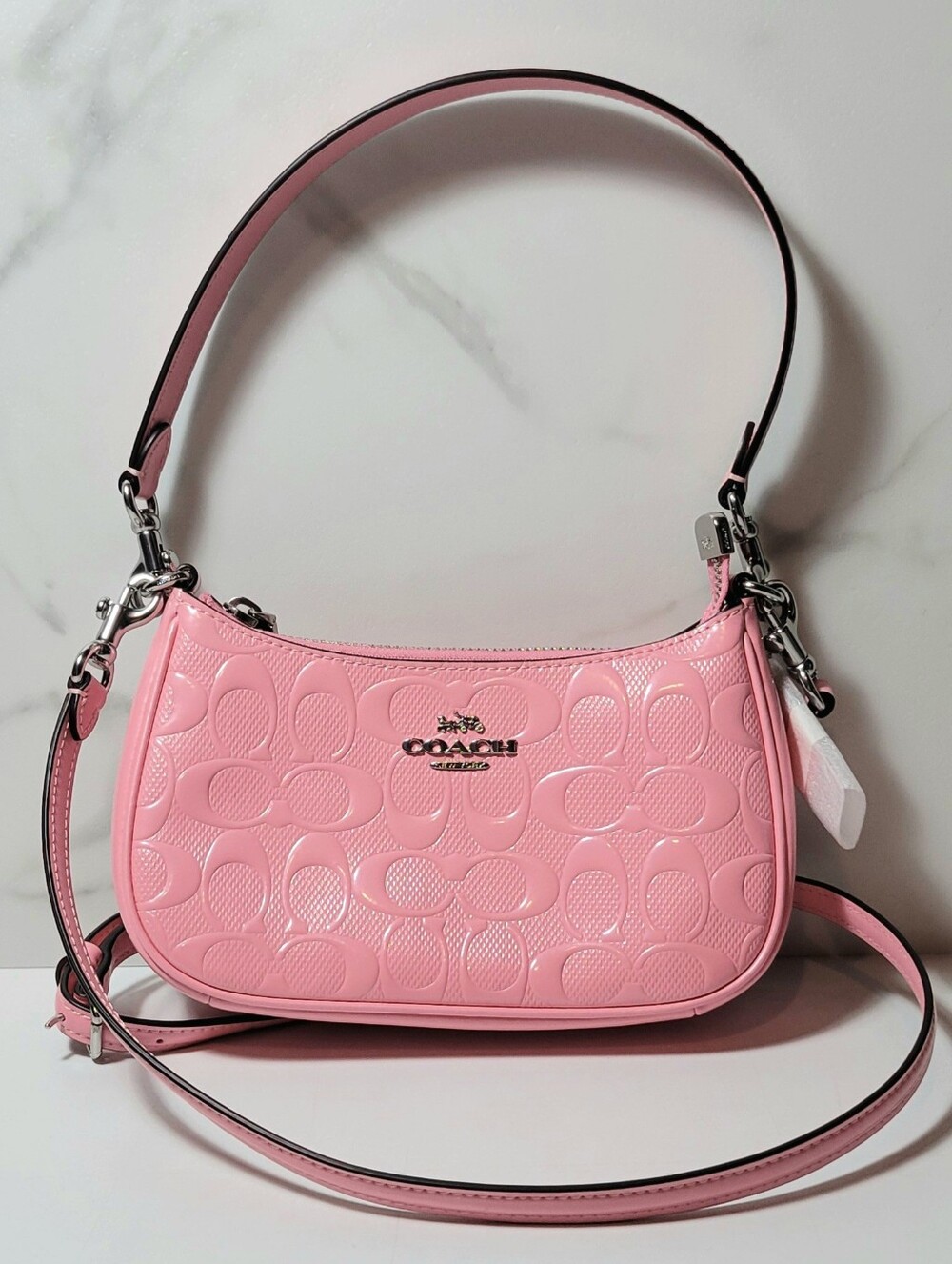 Coach Teri Mini Crossbody Bag Pearlized Signature Patent Leather Pink NWT